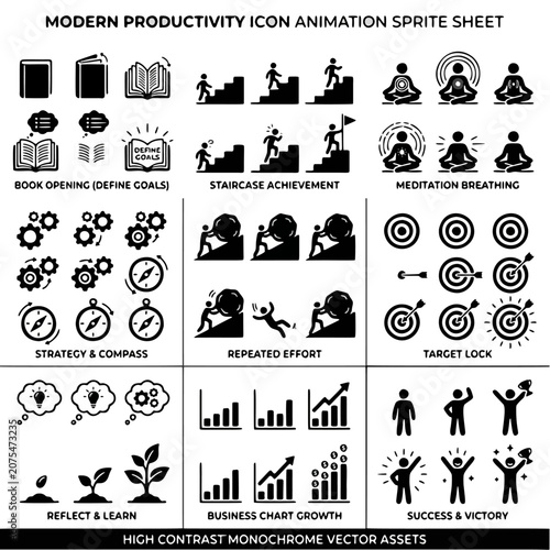 Collection of modern flat icons featuring business growth, meditation, target, books, and analytics for education and productivity concepts.