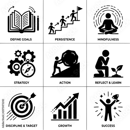 Collection of modern flat icons featuring business growth, meditation, target, books, and analytics for education and productivity concepts.