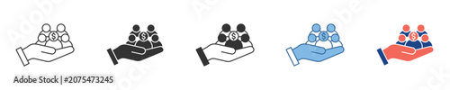 Conceptual vector icon illustrating community support, teamwork, and social responsibility, featuring a hand protecting a group of diverse individuals