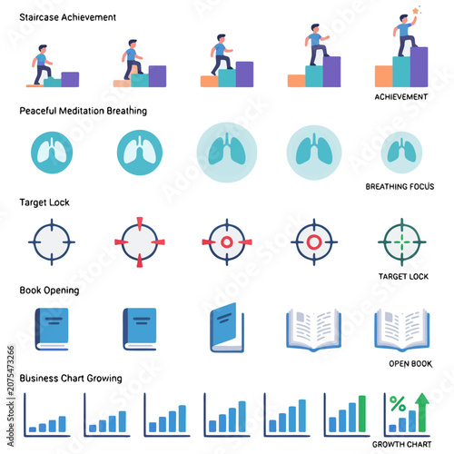 Collection of modern flat icons featuring business growth, meditation, target, books, and analytics for education and productivity concepts.