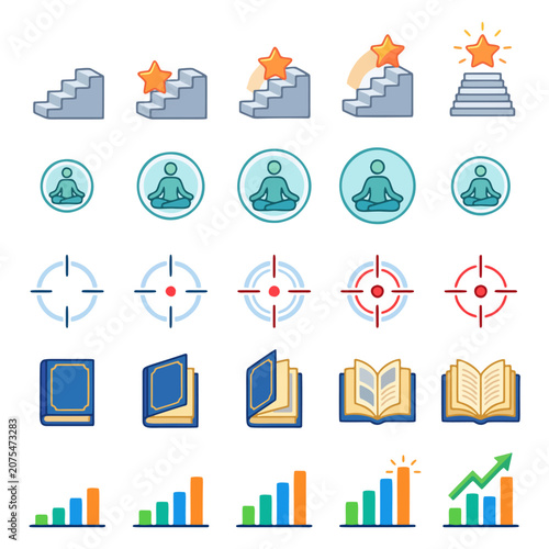 Collection of modern flat icons featuring business growth, meditation, target, books, and analytics for education and productivity concepts.