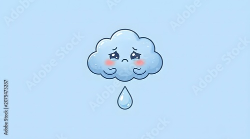 A cute sad cartoon cloud with rosy cheeks crying a single tear on a light blue background.