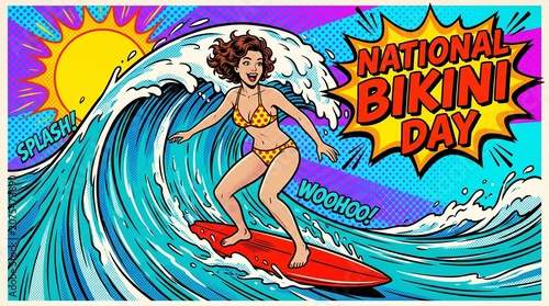 Pop art woman surfing giant wave in yellow polka-dot bikini. Retro comic book style for National Bikini Day. Vibrant summer action, splash and woohoo text effects.