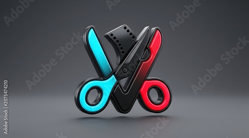 A 3D rendered icon of blue and red scissors with a film strip, symbolizing video editing on a dark gray background.
