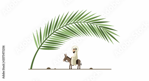 Donkey standing under palm leaf.