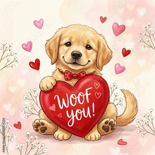 Golden Retriever Puppy Holding Heart-Shaped Valentine Card with Love Message in Soft Watercolor Style