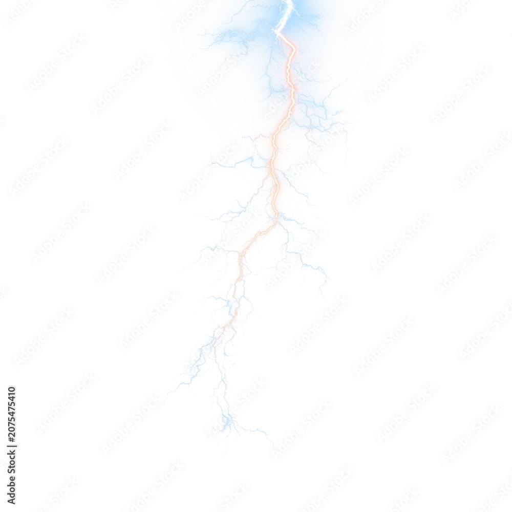 Obraz premium Transparent png of vibrant blue and orange lightning bolt overlay with bright electric energy strike and glowing light effect isolated on transparent background for dynamic weather and storm design