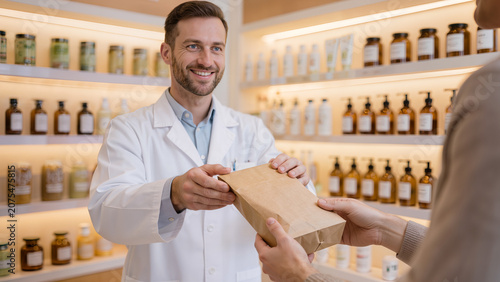 Friendly Pharmacist Consulting Customer In Modern Clean Welcoming Pharmacy Store