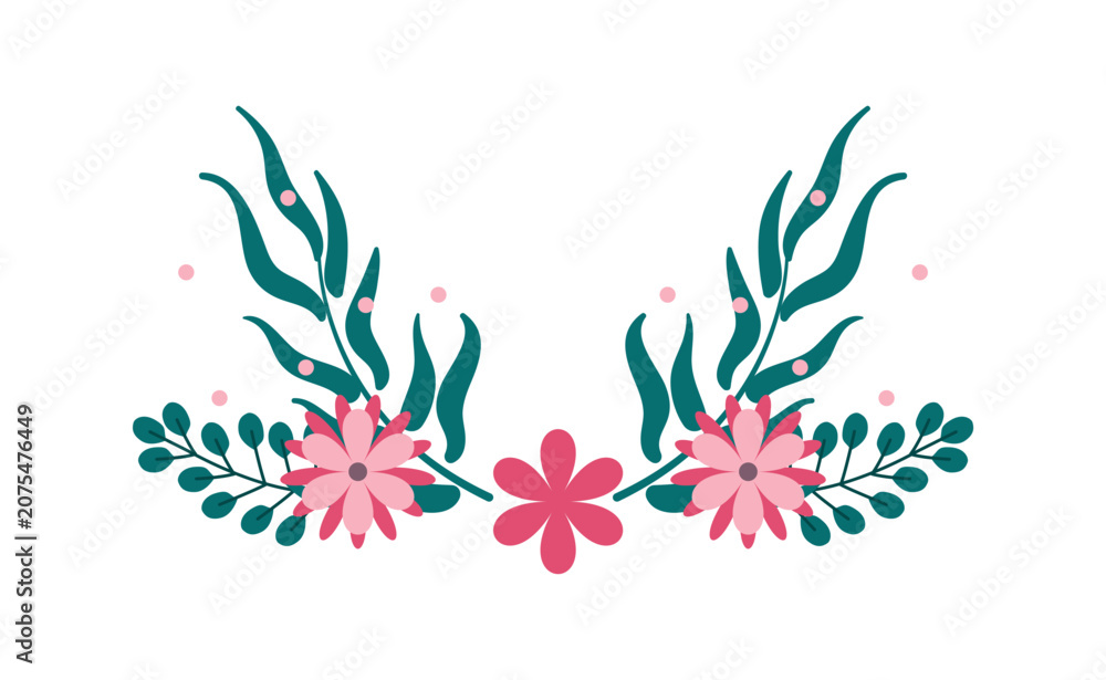 Fototapeta premium Decorative floral vignette border element. Vector flat cartoon illustration of a blooming flower divider isolated on white background.