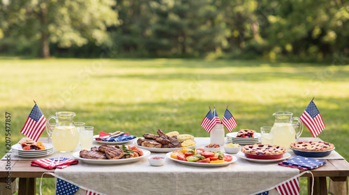 Outdoor 4th of July celebration with food and drinks on a picnic table in a park