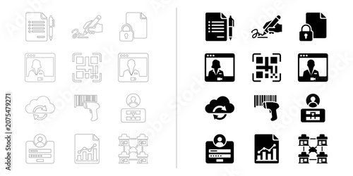 Electronic Prescription and Digital Pharmacy Workflow Icons Set - Outline and Solid Medical Healthcare Vector Icon Collection