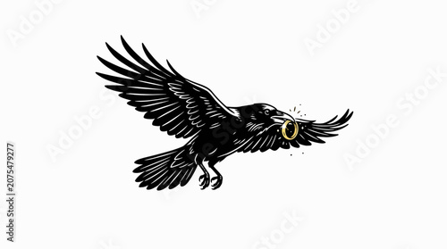 Fotografía Black raven bird with golden ring, symbol of middle earth, ideal for fantasy and book cover designs, lord of the rings inspired projects