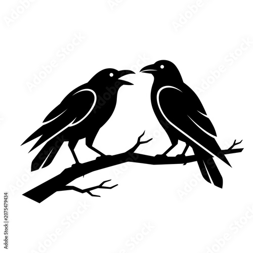 Two black crows on a tree branch, suitable for halloween, gothic, or naturethemed designs. Eerie silhouette adds a touch of mystery.