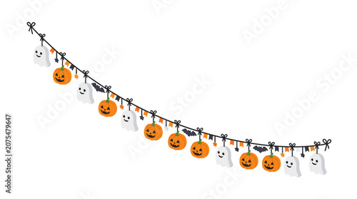 Photography Festive halloween garland with cute ghost figures, orange jack o lantern pumpkins, and bats