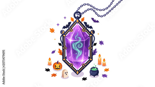 Canvas Print Glowing purple crystal necklace halloween pumpkin ghost cauldron bats autumn leaves candles sparks