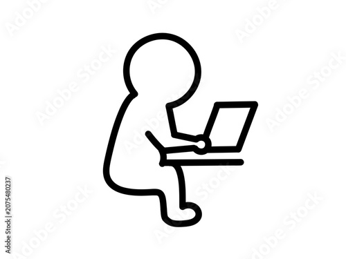Simple stick figure working on laptop computer icon, isolated pictogram vector
