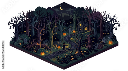 Spooky forest isometric night scene with glowing pumpkins, dead trees, mysterious cottage, and a path. Perfect for halloween designs.