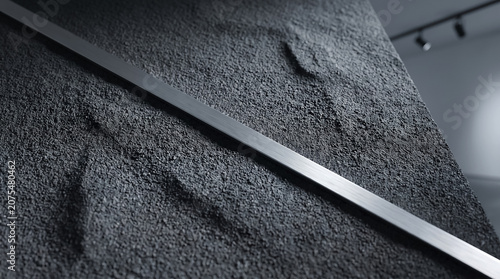 Abstract dark rough concrete texture contrasted with a sleek diagonal silver metal strip