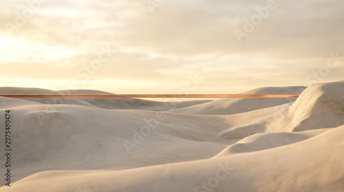 Surreal minimalist landscape of white sand dunes intersected by a polished copper line