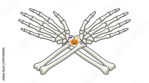 Quadro su tela Spooky halloween illustration featuring skeleton hands holding jackolantern, perfect for seasonal designs, party invitations, and candle labels