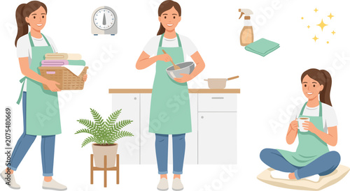 Fotografie Housewife and Homemaker Character Set with Woman Cooking, Doing Laundry, and Rel