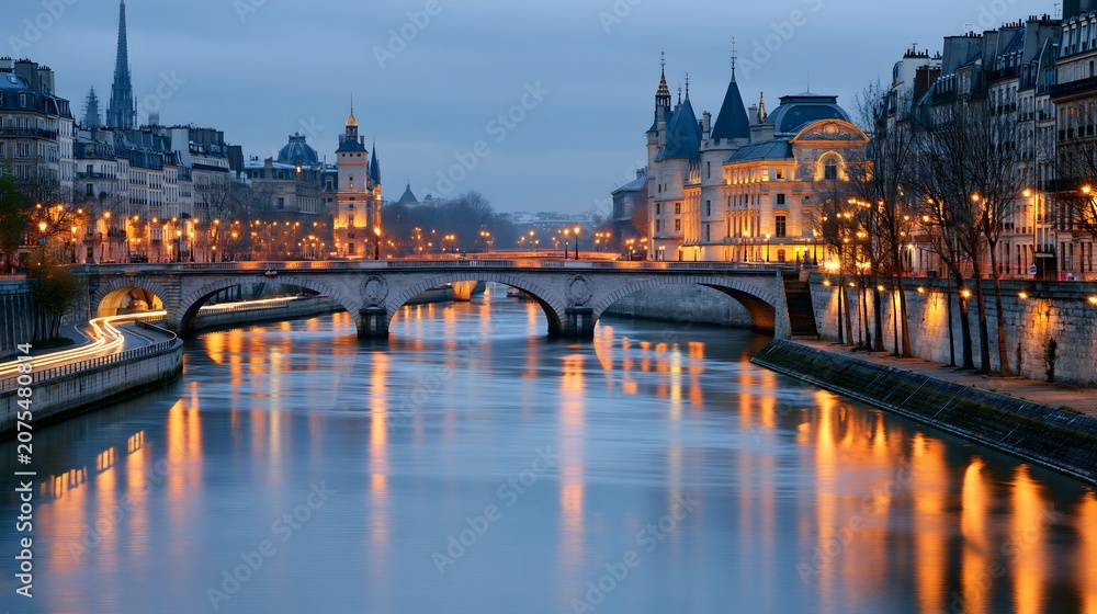 Fototapeta premium Parisian Blue Hour: Golden Illuminations and Elegant Arched Bridges Reflected on the Seine River