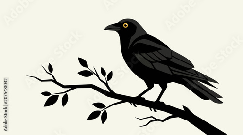 Dark raven bird perched on branch silhouette in minimalist vector art. Suitable for gothic design, halloween, wildlife themes.