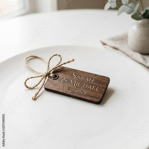 Handwritten Personalized Gift Tag with Jute Twine on White Surface Minimalist Style