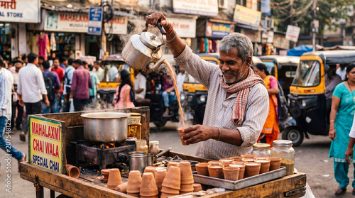 A man pours steaming tea from a metal kettle held high into a clay cup on a wooden street cart filled with kulhad cups, on a busy city street with people and auto rickshaws.
