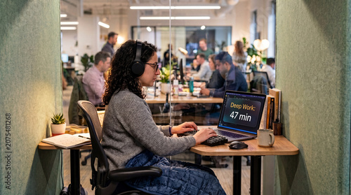 A woman wearing headphones and glasses sits in an office pod with a weighted blanket on her lap, typing on a laptop displaying a timer, with a busy open-plan workspace in the background.