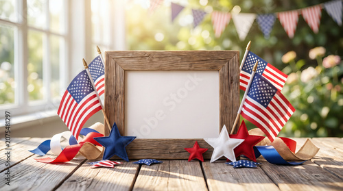 Patriotic 4th of July decoration background featuring flags and stars on a wooden table.