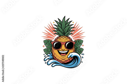 Smiling Pineapple Wearing Sunglasses with Tropical Leaves on transparent background.