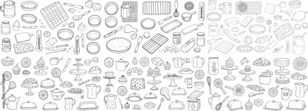 Fototapeta premium A delightful collection of baking tools and delicious pastries illustrated in a sketched style.