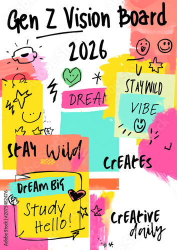 Vibrant creative collage for goal setting featuring hand-drawn doodles and motivational text for artistic inspiration and future planning