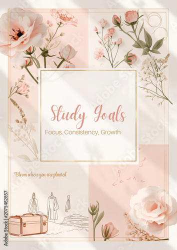 Aesthetic floral planner page for academic organization featuring vintage roses and soft pink botanical illustrations