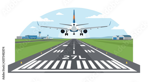 Airplane landing on runway at modern airport vector illustration