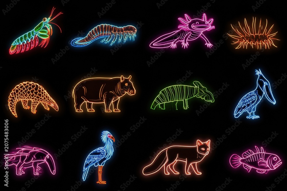 Fototapeta premium Ten animals are shown in neon style on black tiles, featuring mantis shrimp, axolotl, and more, creating a colorful and vibrant display.