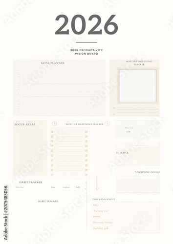 Minimalist 2026 annual productivity layout and vision template for goal setting habit tracking and personal growth organization on a peach background