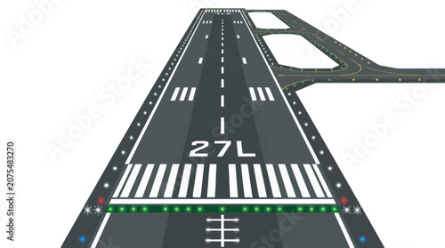 Illustration of an airport runway with clear markings and taxiway
