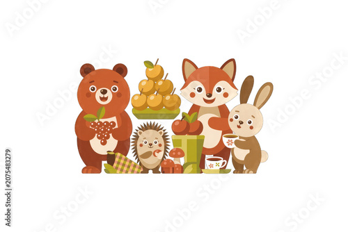 Group of cartoon forest animals standing together happily.