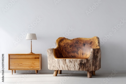 Natural wood furniture includes a carved seat and a wooden cabinet with a lamp.