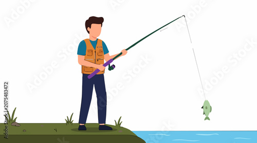 Фотография Illustration of a man fishing, holding a rod with a freshly caught fish