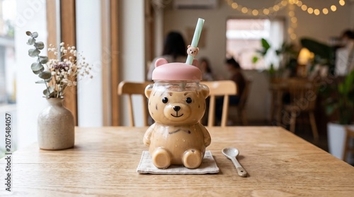 Adorable bear shaped glass bottle with iced coffee, cute animal themed milk tea container on cafe table, aesthetic bubble tea drink in cozy coffee shop