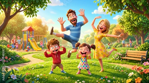 Cheerful family posing cutely and jumping in a bright playground, full of laughter and happiness.