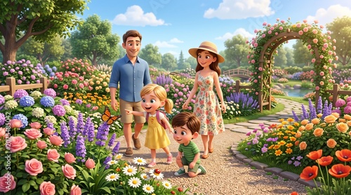 Family taking a leisurely walk in a beautiful flower garden, children enjoying nature with their parents, cheerful and peaceful atmosphere with 3D cartoon illustration style.