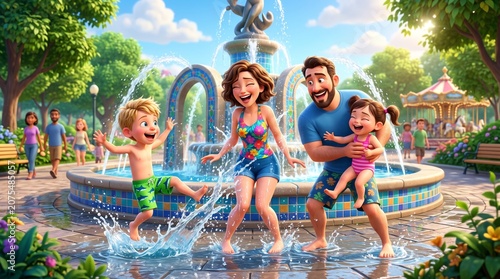 Happy family playing in water in the park, cheerful children with parents near the fountain with summer atmosphere, warm 3D cartoon illustration style.