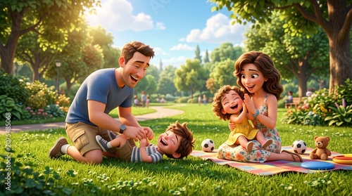 3D cartoon illustration of a family playing together in the park, parents joking with children, natural green atmosphere, cheerful, warm, full of love and happiness.