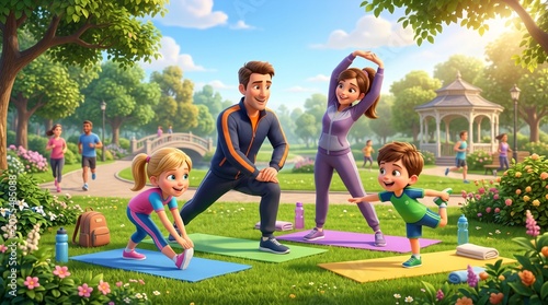 Cartoon 3D illustration of family exercising together in the park, parents and children stretching, healthy lifestyle, green atmosphere, cheerful, active, and full of togetherness.