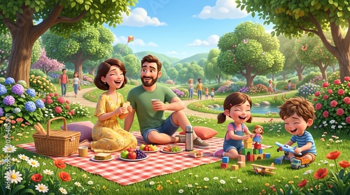 A warm moment of a 3D cartoon family having a fun picnic, eating, and playing in a beautiful flower-filled garden.