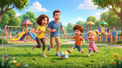 An exciting moment for a family enjoying playing soccer with their children in a green playground.